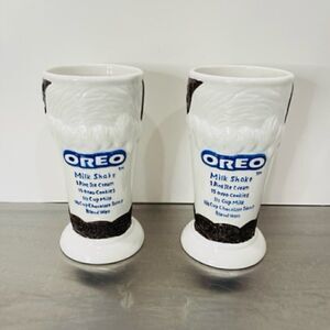 2 Oreo Cookie Milkshake Ceramic Glasses with Recipe by Houston Harvest 6.75"
